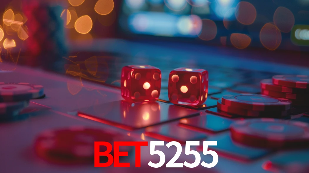 Una escena digital vívida inspirada en casino con BET5255 mostrado prominentemente, luces brillantes, fichas, cartas y acentos dorados.