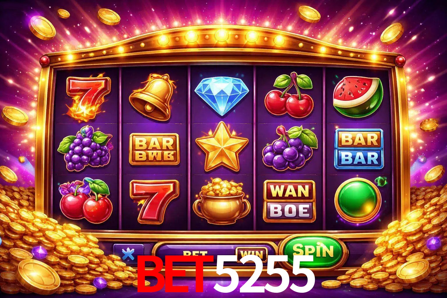 Una interfaz colorida de tragamonedas en línea con símbolos brillantes, monedas y un efecto de victoria celebratoria en BET5255.